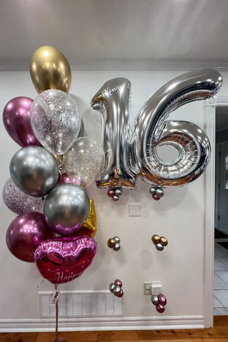 Microfoil Balloons Number 16 in Silver Next to Pink Silver and Gold Helium Balloon Bunches | Majestic Balloons | Cambridge, Ontario