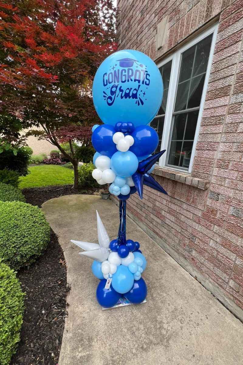 Blue Balloon Tower for Graduation Celebration with Star-Shaped and Printed Balloons | Majestic Balloons | Cambridge, Ontario