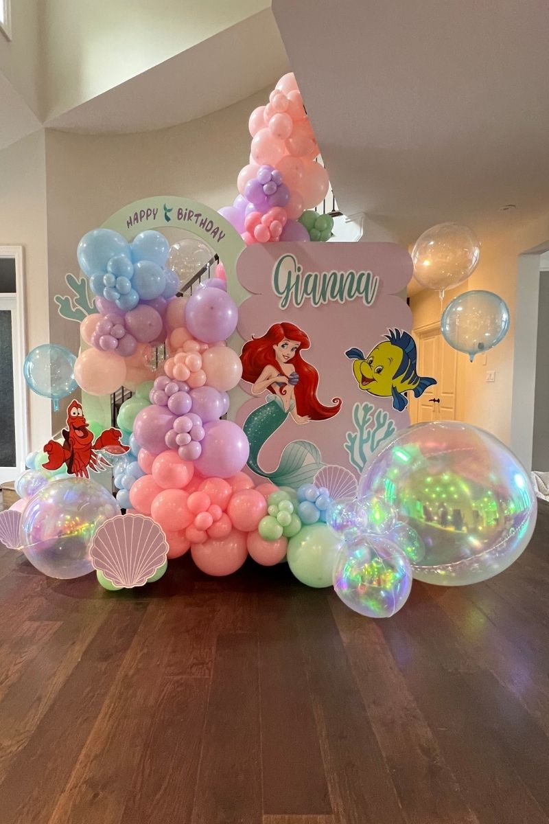 Little Mermaid-Themed Balloon Decoration with Pastel Colors Chromed Effect Balloons and Shell Sign | Majestic Balloons | Cambridge, Ontario