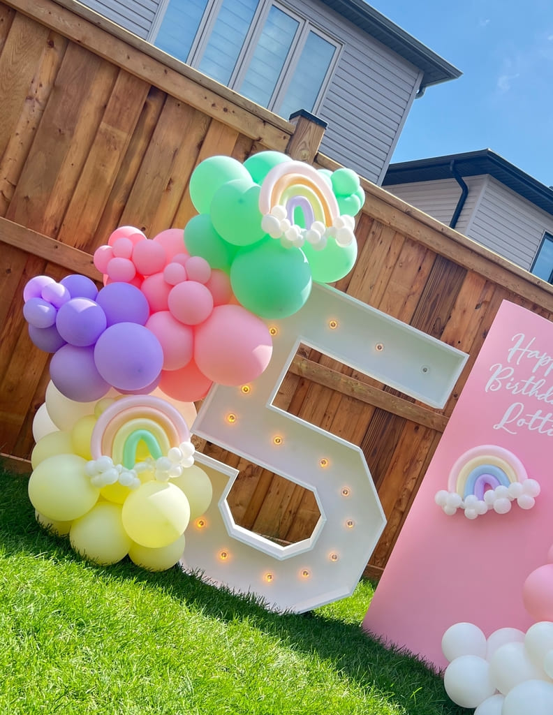 Marquee Number 5 Lights with Pink Balloon Garland | Majestic Balloons | Cambridge, Ontario